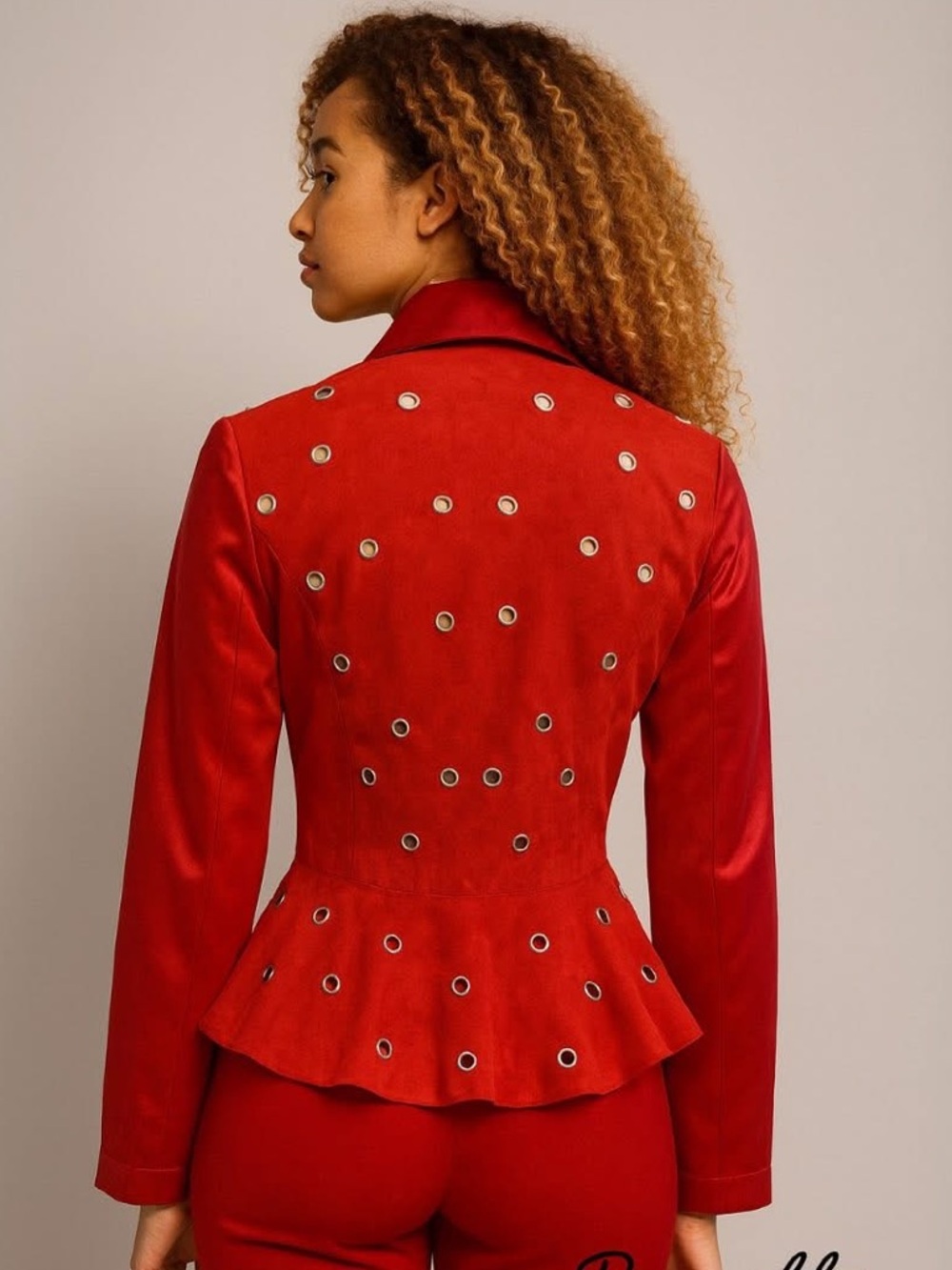 Red Faux Suede and Satin Peplum Jacket with Grommet Detail